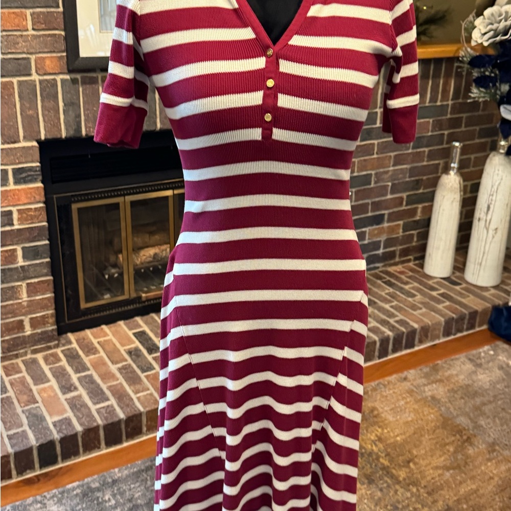 Lauren Ralph Lauren Burgundy and Cream Striped Knit Midi Dress